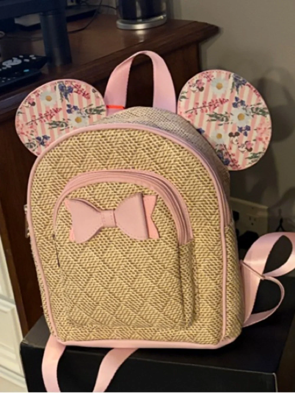 Disney Pink-Trim Straw Kids Backpack with Floral Ears and Bow